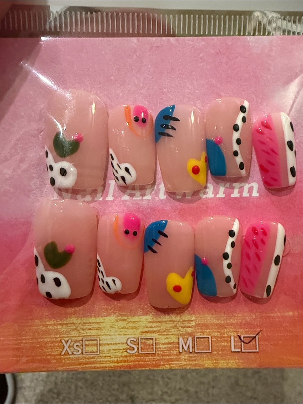 Cute Pink Cartoon handmade acrylic Press-On Nails with Hearts & Dots